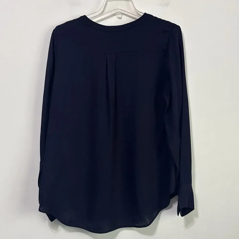 J Crew Drapey Henley Tunic Top‎ Popover Blouse 12 Navy Blue Work Long Sleeve